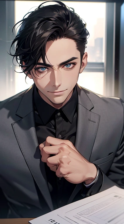 (best quality,4k,8k,highres,masterpiece:1.2),ultra-detailed,(realistic,photorealistic,photo-realistic:1.37),1 man,31 years old,mature man,very handsome,without expression,smile,short grey black hair,blue eyes,penetrating gaze,perfect face without errors,imposing posture,businessman,office background,cinematic lighting,hdr image