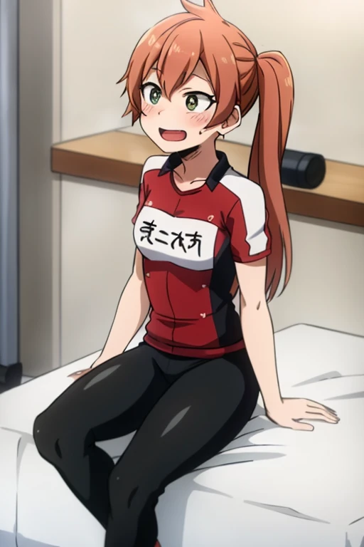 ((Highest quality)), ((masterpiece)), (be familiar with), Perfect Face, indoor, Bedroom, Watching the audience,
One woman, Kento Ichika,
Open Mouth, Ecstatic expression, blush, smile,
Small breasts, Flat Chest, Young Girl, , , Girl,
Long Hair, Side Tail,
Gym suit, White short sleeves, Black shorts, Leg spread,