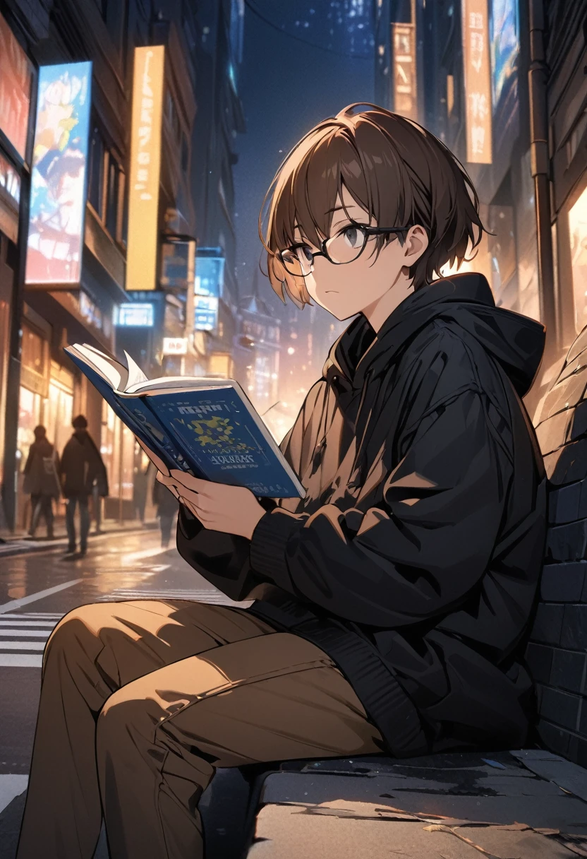 (BEST QUALITY), (MASTERPIECE), illustration, Extremely_detail, 4k wallpaper , midnight, man, black hoodie parka, brown jeans, 18 years old , brown Hair, short hair, black eyes, eye glasses, reading a book, stand on street, smart, Background of the city