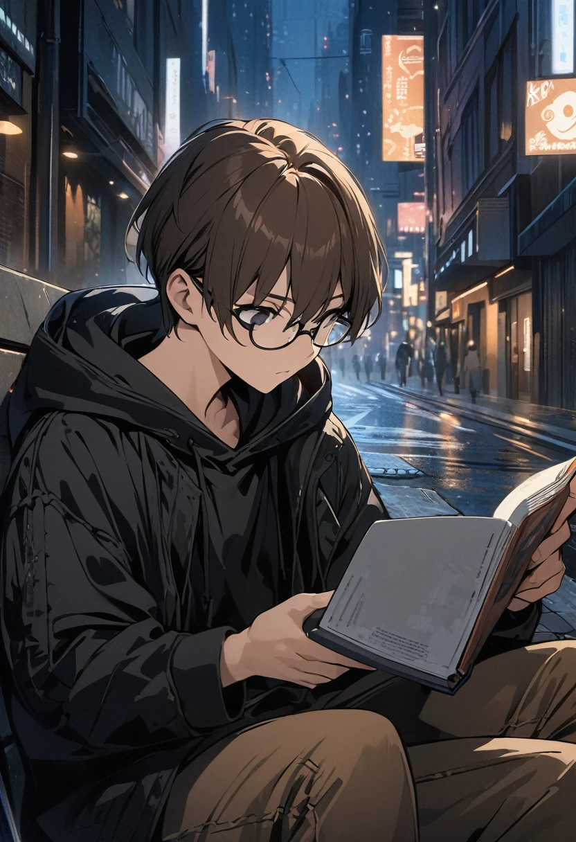 (BEST QUALITY), (MASTERPIECE), illustration, Extremely_detail, 4k wallpaper , midnight, man, black hoodie parka, brown jeans, 18 years old , brown Hair, short hair, black eyes, eye glasses, reading a book, stand on street, smart, Background of the city