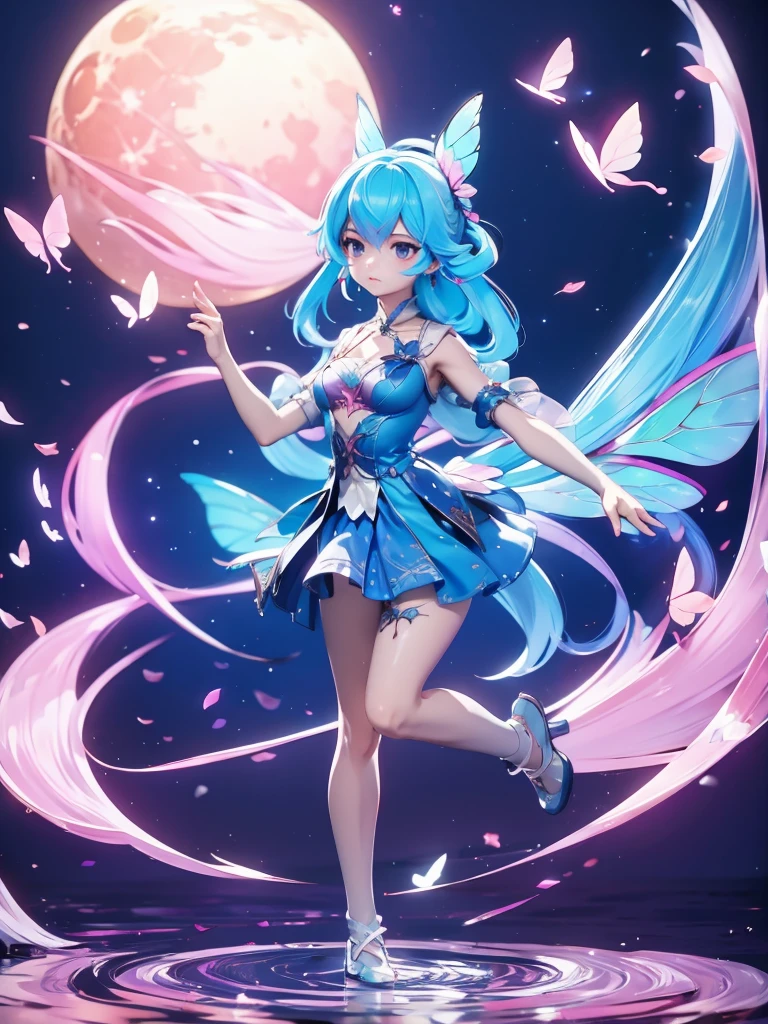 Seizo Watase style, Simple Line Initialism,Abstract art, 3d character ,(((The most beautiful girl of all time))), (full body 1.2), only girl, long hair, bufferfly and sky background, 25 year old, full body, (((8k))), (((3d)), blue and pink hair, Large butterfly wings on the back, moon, ballet dance,