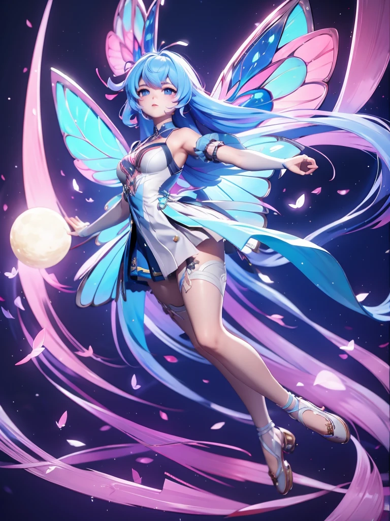 Seizo Watase style, Simple Line Initialism，Abstract art, 3d character ,(((The most beautiful girl of all time))),  (full body 1.2), only girl, long hair, bufferfly and sky background, 25 year old, full body, (((8k))), (((3d)), blue and pink hair, Large butterfly wings on the back,  moon, ballet dance, 