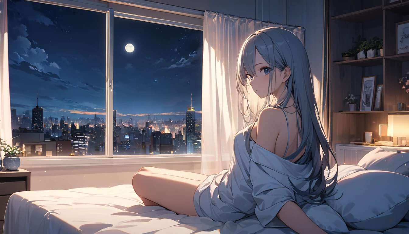 (Highest quality), Girl relaxing in her room,Large windows,Night view