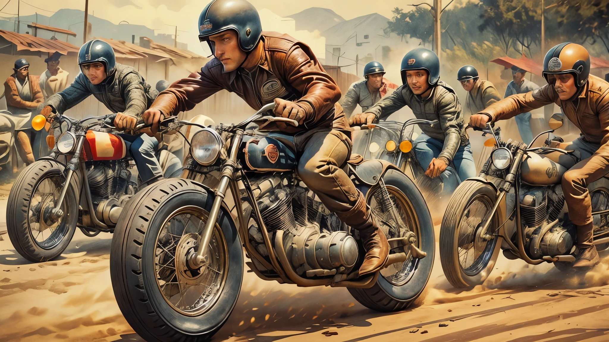 1940's era motorcycle racing, leather motorcycle helmets, checkered flag, dirt track, (early Harley Davidson motorcycles, bobber motorcycles, detailed motorcycle, detailed motor, detailed tires, proportional motorcycle frames), detailed faces, detailed riders, poster style picture, frank frazzeta style, 