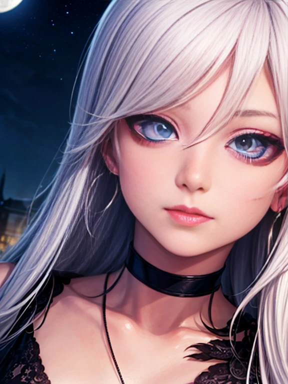 Depth of bounds written, detailed eye, ((CG illustration)), ((face focus)), ((masterpiece)), ((8K)), ((super detailed)), ((Super high quality)), ((cinematic)), ((Photoreal)), ((close up shot)), (solo), (cool girl), very long hair, straight hair, (((thin body))), Glossy skin, ((look away)), (Beautiful goth girl with high cheeks and legs), Gothic makeup, clear eyes, lipstick, dark eye shadow, ((No bra)), choker, earrings, provoke, night, ((full moon)), ((Functional)), Lonely, Visual kei, ((pastel colour)), Unwound clothes, forget, kiss, White Knight, dark, silence