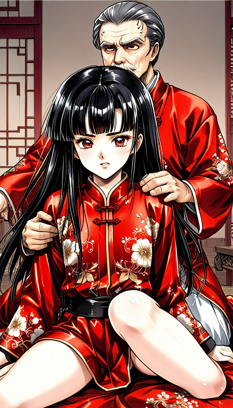 A tragic historical drama in 8k live-action style: Beautiful palace secrets　Beautiful 10 year old Chinese Kung Fu girl with long black hair has very rough unwanted sex with old man emperor　Gorgeous embroidery, Ultra glossy, She is wearing a shiny red top and bottom long sleeve floral pajama kung fu suit....　　She gets her penis thrust into her from behind by the Emperor