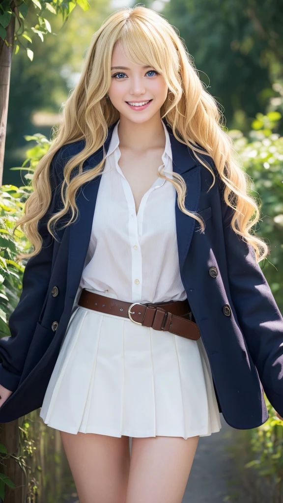 (realistic:1.3), finely detailed, quality, rembrandt lighting, (masterpiece:1.2), (photorealistic:1.2), (best quality), (detailed skin:1.3), (intricate details), dramatic, ray tracing, 1girl, 21 years old, detailed skin texture, (blush:0.5), (goosebumps:0.5), subsurface scattering, smiling, medium breasts, very long hair curls, blonde hair, bangs, hair between eyes, white shirt school uniform, red lapel, skirt, black thighhighs, garter straps, long sleeves, frills, (bright sunny day), <lora:claudia_enfield:1>