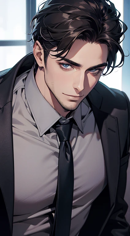(best quality,4k,8k,highres,masterpiece:1.2),ultra-detailed,(realistic,photorealistic,photo-realistic:1.37),1 man,31 years old,mature man,very handsome,without expression,smile,short grey black hair,blue eyes,penetrating gaze,perfect face without errors,imposing posture,businessman,office background,cinematic lighting,hdr image