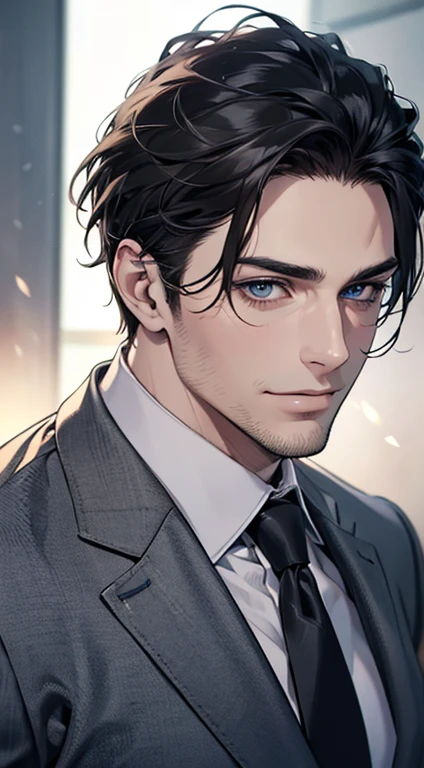 (best quality,4k,8k,highres,masterpiece:1.2),ultra-detailed,(realistic,photorealistic,photo-realistic:1.37),1 man,31 years old,mature man,very handsome,without expression,smile,short grey black hair,blue eyes,penetrating gaze,perfect face without errors,imposing posture,businessman,office background,cinematic lighting,hdr image