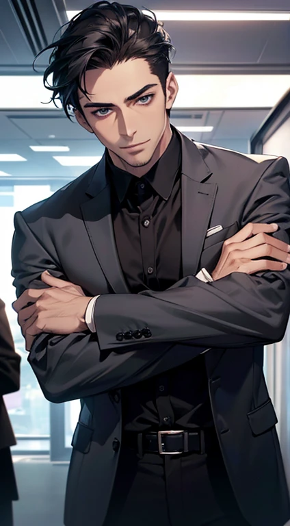 (best quality,4k,8k,highres,masterpiece:1.2),ultra-detailed,(realistic,photorealistic,photo-realistic:1.37),1 man,31 years old,mature man,very handsome,without expression,smile,short grey black hair,blue eyes,penetrating gaze,perfect face without errors,imposing posture,businessman,office background,cinematic lighting,hdr image