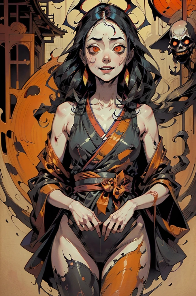 ((festival)), Outline warm color, ((Jump scares)), scribble, nightmare, Doll-like face, Manga style, rough sketch, Horror elements, (masterpiece), (High resolution), (Very delicate), (clear), Comic style illustration, (drawing style), warm color, (Horror elements), Japanese painting, whole body, Appear, angle, (snap shot), Bugaboo, that&#39;terrible, (Spooky), Japan sculpture, primitive art, old picture scroll style, old staging, Ancient mural style, crazy illustration, antique, Dark atmosphere, Flat Illustration, Crazy Smile, Spookyな外観, Characteristic hairstyle, creative accessories, Unique atmosphere
