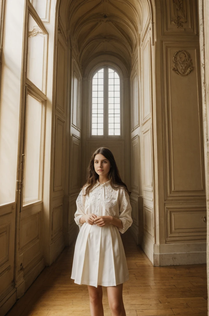 her name is Annie, high quality, 1girl, ((20-year-old fit Caucasian woman)), ((20 years old)), ((fit)) black long hair, pose: standing, wearing bright colored unique g gen Z modern wear, BACKGROUND: "From a charming Parisian studio, boasting high ceilings, ornate moldings, and large French windows that let in plenty of natural light