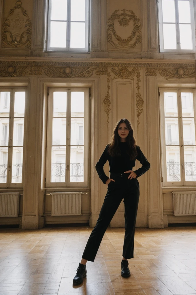 her name is Annie, high quality, 1girl, ((20-year-old fit Caucasian woman)), ((20 years old)), ((fit)) black long hair, pose: standing, wearing bright colored unique g gen Z modern wear, BACKGROUND: "From a charming Parisian studio, boasting high ceilings, ornate moldings, and large French windows that let in plenty of natural light