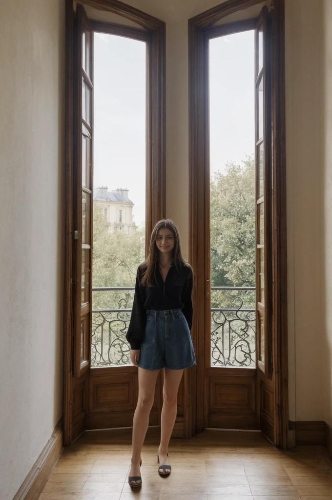 her name is Annie, high quality, 1girl, ((20-year-old fit Caucasian woman)), ((20 years old)), ((fit)) black long hair, pose: standing, wearing bright colored unique g gen Z modern wear, BACKGROUND: "From a charming Parisian studio, boasting high ceilings, ornate moldings, and large French windows that let in plenty of natural light