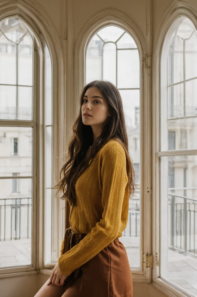 her name is Annie, high quality, 1girl, ((20-year-old fit Caucasian woman)), ((20 years old)), ((fit)) black long hair, pose: standing, wearing bright colored unique g gen Z modern wear, BACKGROUND: "From a charming Parisian studio, boasting high ceilings, ornate moldings, and large French windows that let in plenty of natural light