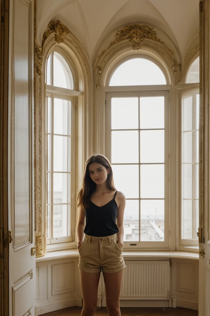 her name is Annie, high quality, 1girl, ((20-year-old fit Caucasian woman)), ((20 years old)), ((fit)) black long hair, pose: standing, wearing bright colored unique g gen Z modern wear, BACKGROUND: "From a charming Parisian studio, boasting high ceilings, ornate moldings, and large French windows that let in plenty of natural light
