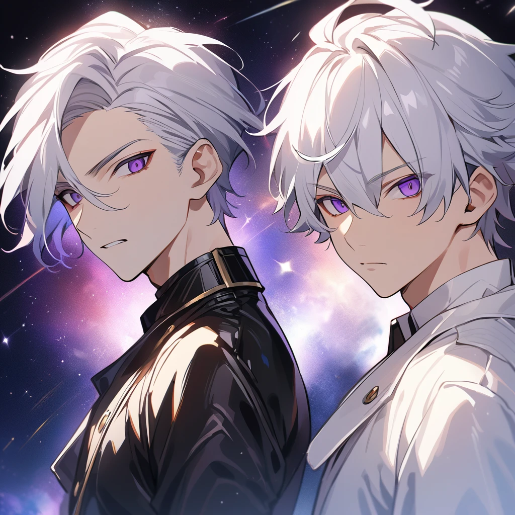 High quality, HD, 4k, no shadows, handsome male, 1male, 17 years old, teenager, golden lining, short white hair, sharp eyes, dark purple eyes, deep purple eyes, devil may cry, close up, calm expression, stoic expression, black leather clothes, white leather clothing, lean body, well trained body, upper body, looking at viewer, cowboy shot, white solar, space background