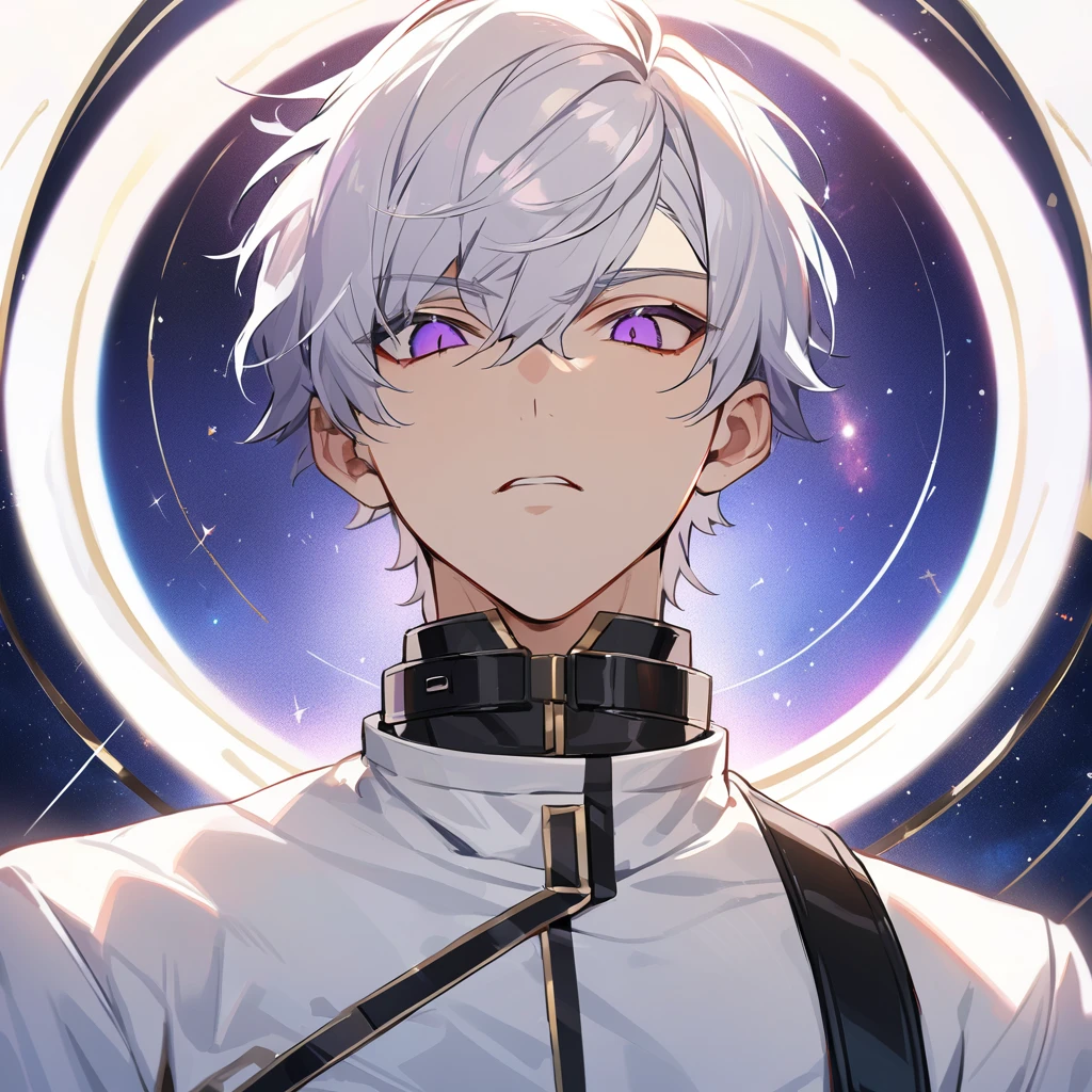 High quality, HD, 4k, no shadows, handsome male, 1male, 17 years old, teenager, golden lining, short white hair, sharp eyes, dark purple eyes, deep purple eyes, devil may cry, close up, calm expression, stoic expression, black leather clothes, white leather clothing, lean body, well trained body, upper body, looking at viewer, cowboy shot, white solar, space background
