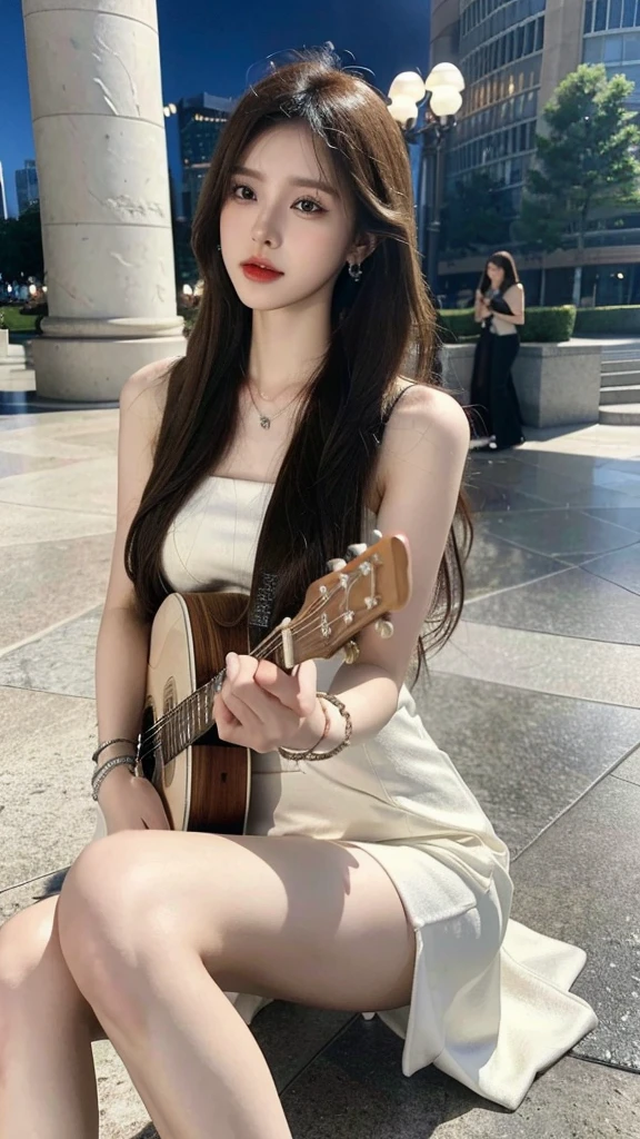 (8K, raw photo, best quality, masterpiece:1.2),(realistic, realistic:1.37),photon mapping,professional lighting,radio city,1 girl,alone,long_hair,(bracelet:1.1),(long legs:1.2),(earring:1.1),Physically Based Rendering,step,Performance,sit down,a different guitar,（short white dress, Park Background