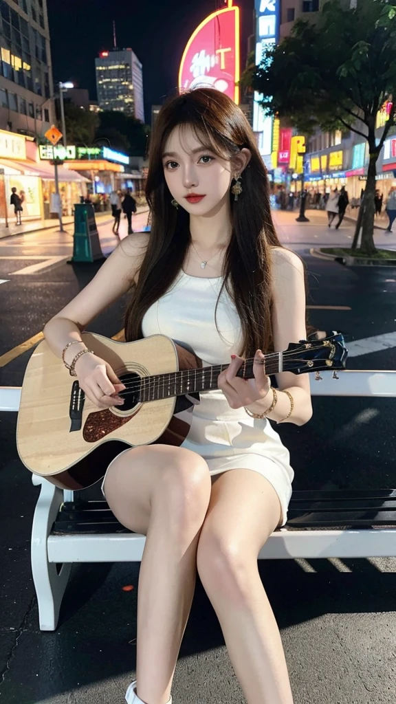 (8K, raw photo, best quality, masterpiece:1.2),(realistic, realistic:1.37),photon mapping,professional lighting,radio city,1 girl,alone,long_hair,(bracelet:1.1),(long legs:1.2),(earring:1.1),Physically Based Rendering,step,Performance,sit down,a different guitar,（short white dress, Park Background