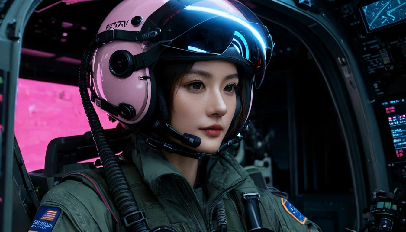 One girl, (Beautiful Face), Female fighter jet pilot, Holding a pilot pink helmet with LED interactive screen and HUD head up display on the visor, Visor-displayed targeting system, Communication Systems, Glasses、Close the visor, Sexy pose, Floating Hair, Are standing, (Upper thigh shot:1.3), DT Helmets, Pink combat suit, Advanced Fighter Background, (Intricate details), High resolution, (Intricate details, Ultra-detailed:1.2), Cinematic shots, ((masterpiece, high quality, 最high quality, Official Art, Beautiful and aesthetic, Detailed face, Fine grain、Glasses)