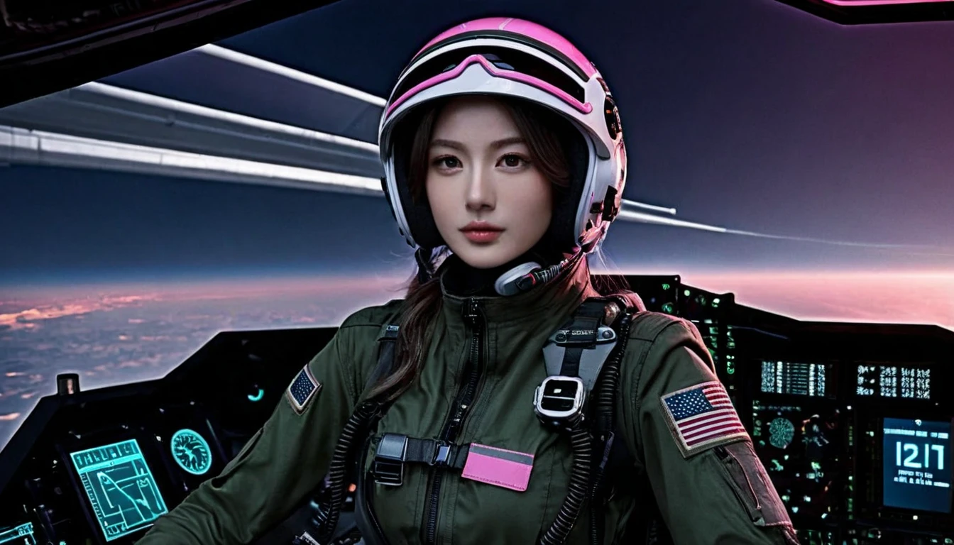 One girl, (Beautiful Face), Female fighter jet pilot, Holding a pilot pink helmet with LED interactive screen and HUD head up display on the visor, Visor-displayed targeting system, Communication Systems, Glasses、Close the visor, Sexy pose, Floating Hair, Are standing, (Upper thigh shot:1.3), DT Helmets, Pink combat suit, Advanced Fighter Background, (Intricate details), High resolution, (Intricate details, Ultra-detailed:1.2), Cinematic shots, ((masterpiece, high quality, 最high quality, Official Art, Beautiful and aesthetic, Detailed face, Fine grain、Glasses)