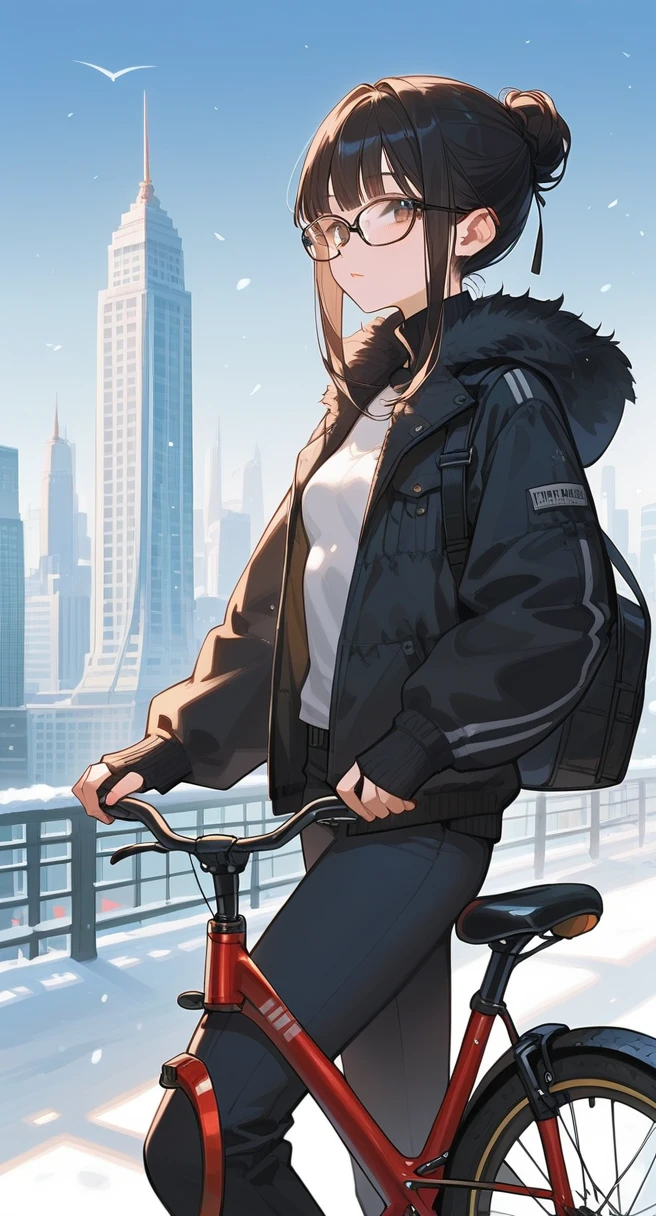 score_9,score_8_up,score_7_up,1 female. Bangs hairstyle, face. winter clothing, beautiful small breasts, Thick-rimmed glasses. (detailed black rim glasses). 22-years-old beautiful female. Early summer cityscape background. Put the hand on the bicycle handle. beautiful hands. pants.