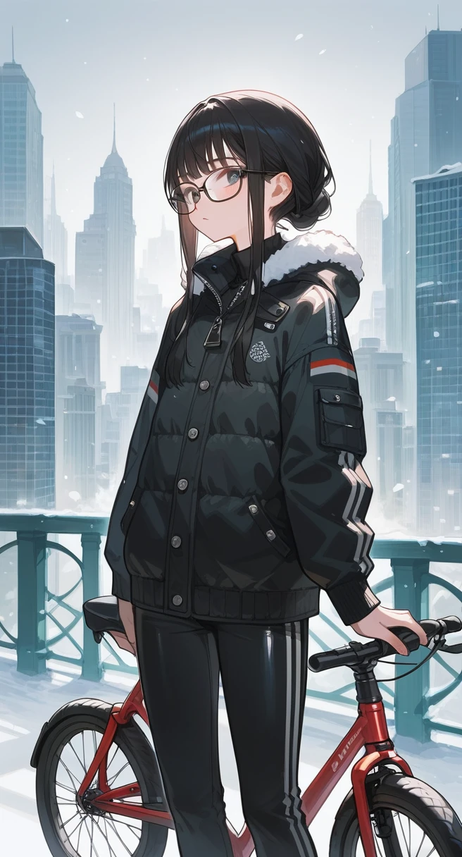 score_9,score_8_up,score_7_up,1 female. Bangs hairstyle, face. winter clothing, beautiful small breasts, Thick-rimmed glasses. (detailed black rim glasses). 22-years-old beautiful female. Early summer cityscape background. Put the hand on the bicycle handle. beautiful hands. pants. 