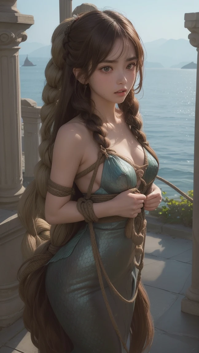 (((Mermaid:1))) masterpiece,best quality,highly detailed,1girl,solo,clenched teeth,serious,concentrating,v-shaped eyebrows,wince,sweat,sweatdrop,blush,
aaasuna,long hair,brown hair,braid,brown eyREAK
shibari,bdsm,(((rope,bound,restrained,against pillar))),pillar,