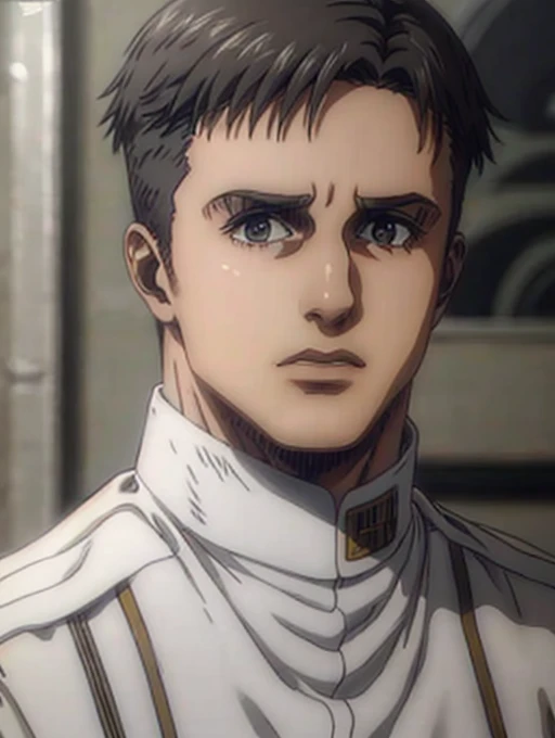 35 years old man, military hair, gray eyes, White military uniform, quartel general