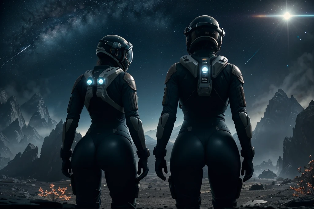 Masterpiece, highest quality, rear angle, Highly detailed photo of a (female space soldier wearing orange tight suit with some holes, helmet, with tinted face shield, rebreather, accentuated booty), athletic body, big ass, big titis [wide hips], (investigating a strange glowing alien artifact), on alien exoplanet, (mountains:1.1), (exotic rain forest), lush vibrant foliage, (two moons in the sky:0.8), (hyperdetailed, intricately detailed), background by Jessica Rossier, (sci-fi), during the day, (lens flare:0.5), (bloom:0.6), particle effects, (cinematic lighting:1.1), sharp shadows, ambient light, [bioluminescente], raytracing, photographed on a Fujifilm X-S10 Mirrorless Camera, 25mm F2.8 ultra-wide-angle lens, sharp focus, Cinestill 800T, still frame from Gravity 2013, 8k, HDR, from behind
