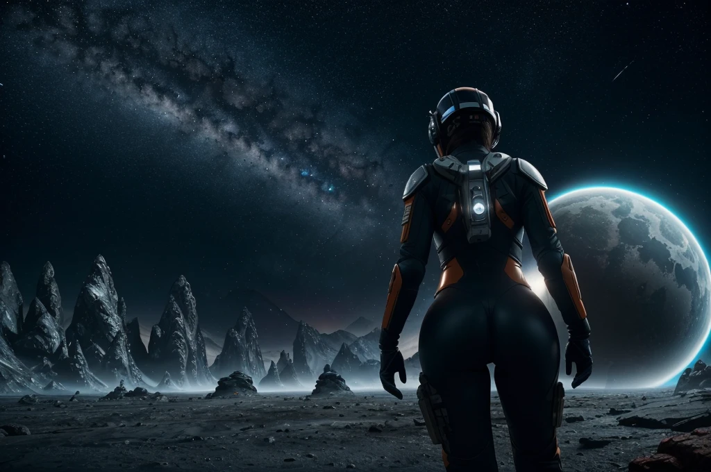 Highly detailed RAW color Photo,Rear Angle, Full Body, female space ninja, wearing tight full body latex suit and a futuristic space helmet, bending over a rock, outdoor looking up at the moon, athletic body, big ass, (mountains:1.1), (sci-fi), 50mm wide angle lens, cinematic lighting, raytracing, alien landscape with giant structures, (highly detailed, hyperdetailed, intricate), cinematic scene like the film prometheus from the aliens franchise