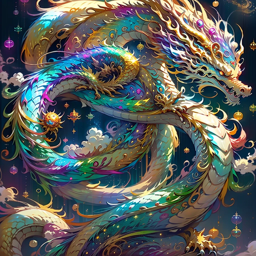 Golden dragon。Rainbow glowing scales。The dragon god is coming。Golden Splash、Milky Way、god々々right