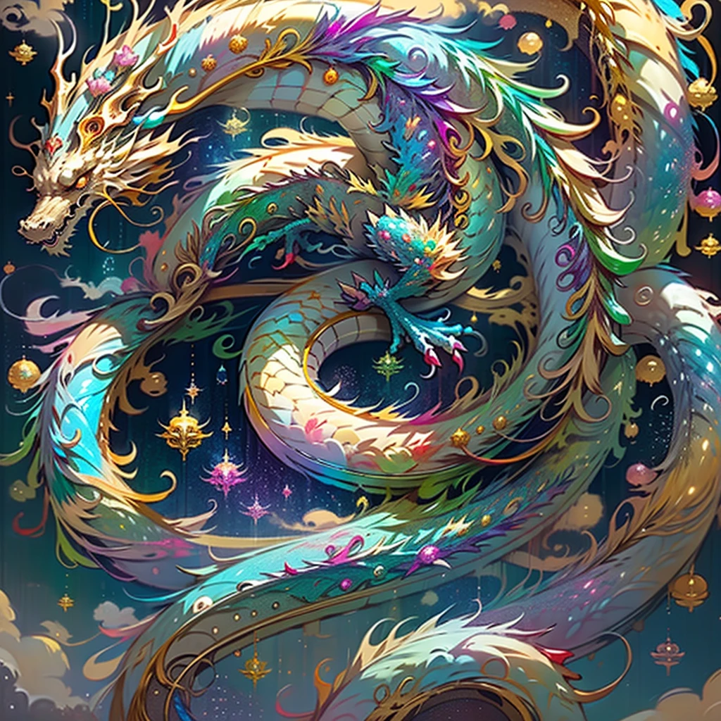 Golden dragon。Rainbow glowing scales。The dragon god is coming。Golden Splash、Milky Way、god々々right