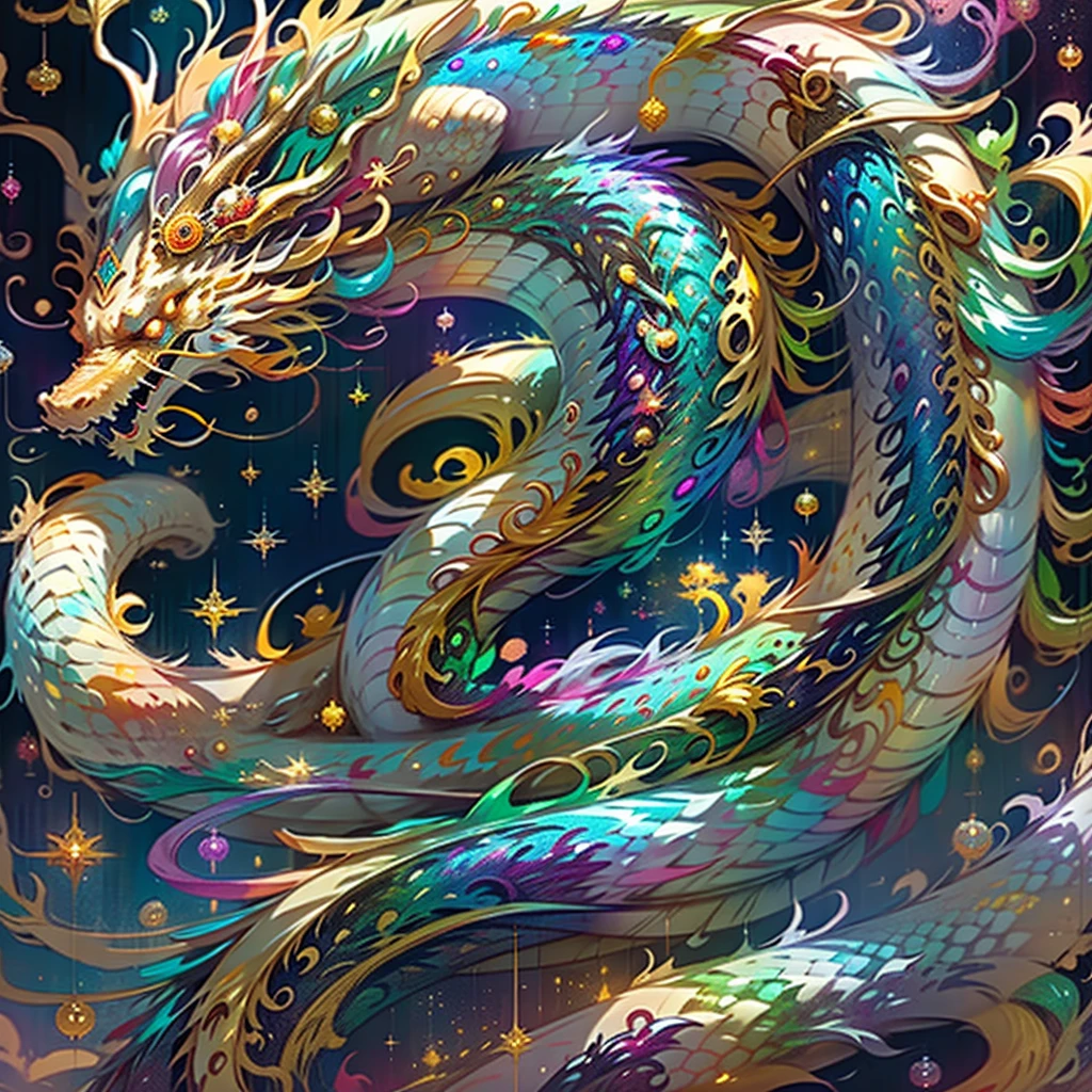 Golden dragon。Rainbow glowing scales。The dragon god is coming。Golden Splash、Milky Way、god々々right