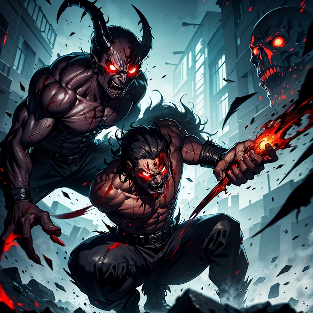 Demon man with angry face, skulls and blood, full body in fighting position