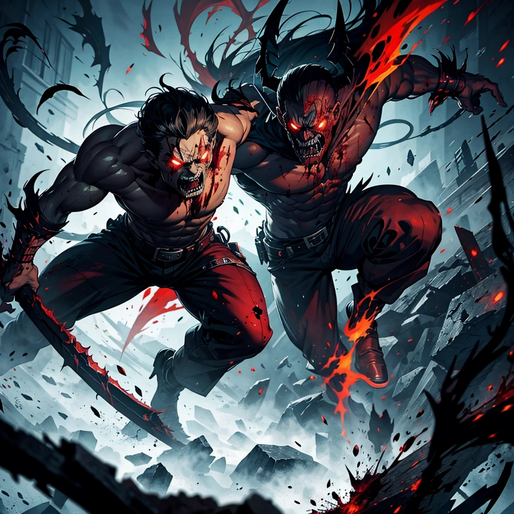 Demon man with angry face, skulls and blood, full body in fighting position