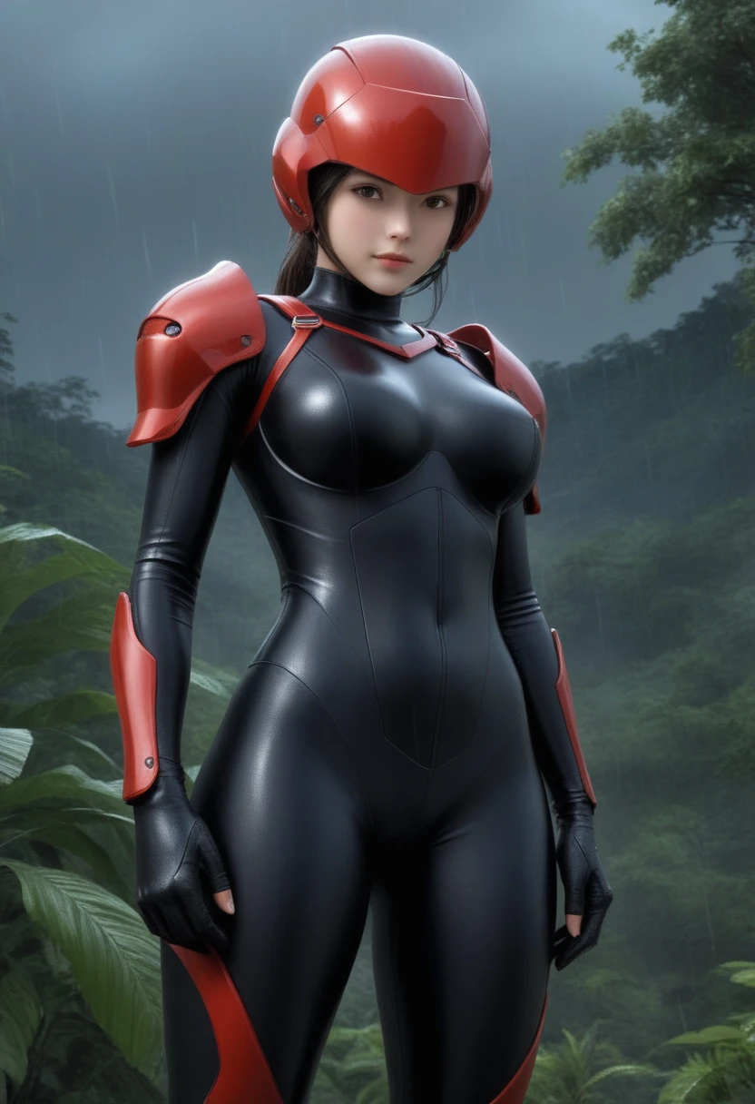 zPDXL, source_anime, BREAK Trilla, helmet with red visor, , armor,black gloves,tight bodysuit,,black pants, BREAK close-up, solo, standing, front view, medium breasts, , wide hips, BREAK x3dce, 3d, jungle background, dense vegetation, rain, night, night sky,