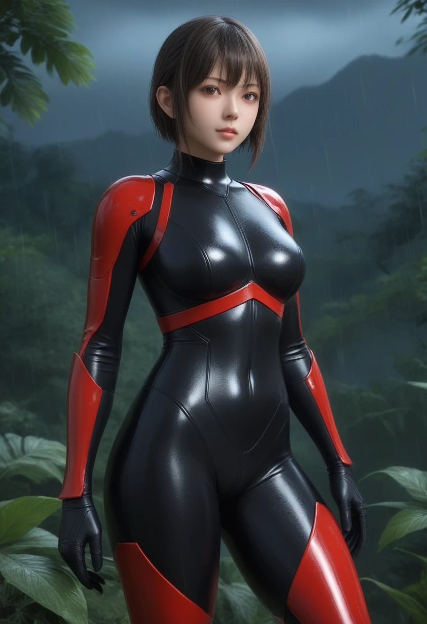 zPDXL, source_anime, BREAK Trilla, ((helmet with red translucent visor)), , armor,black gloves,tight bodysuit,,black pants, BREAK close-up, solo, standing, front view, medium breasts, , wide hips, BREAK x3dce, 3d, jungle background, dense vegetation, rain, night, night sky, Latex
