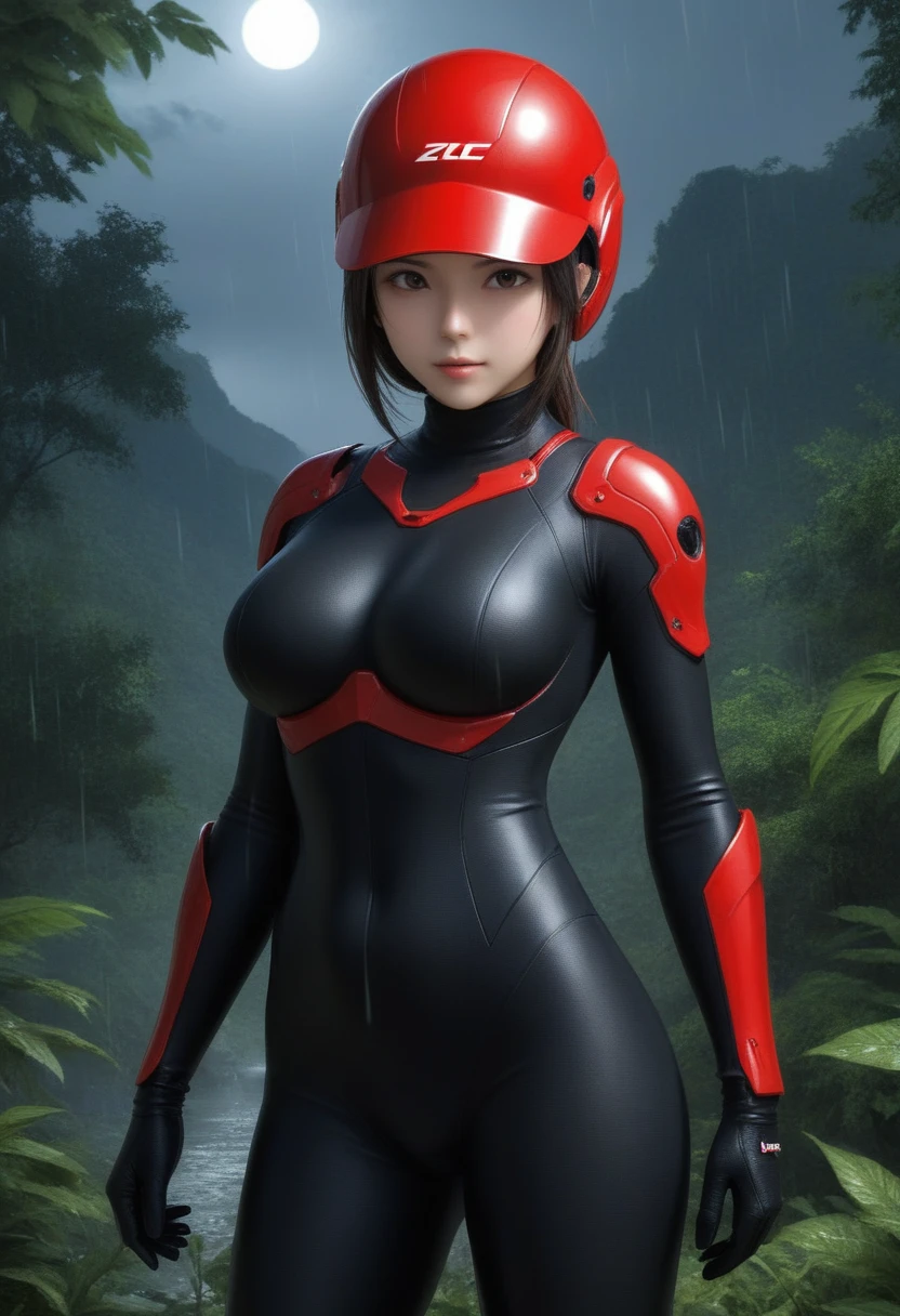 zPDXL, source_anime, BREAK Trilla, helmet with red visor, , armor,black gloves,tight bodysuit,,black pants, BREAK close-up, solo, standing, front view, medium breasts, , wide hips, BREAK x3dce, 3d, jungle background, dense vegetation, rain, night, night sky,