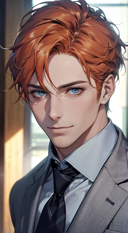 (best quality,4k,8k,highres,masterpiece:1.2),ultra-detailed,(realistic,photorealistic,photo-realistic:1.37),1 man,31 years old,mature man,very handsome,without expression,smile,short grey b
Orange hair,blue eyes,penetrating gaze,perfect face without errors,imposing posture,businessman,office background,cinematic lighting,hdr image