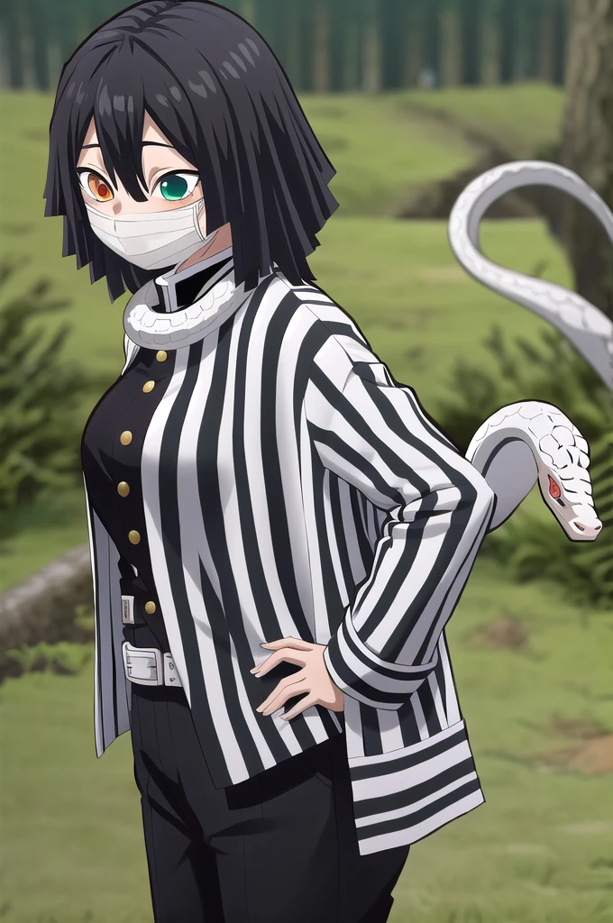 masterpiece, best quality, highres, 1girl obanai, demon slayer uniform vertical stripes jacket black pants, white snake, mask hand on hip, female focus , front view, breast, long hair, forest background, upper body 