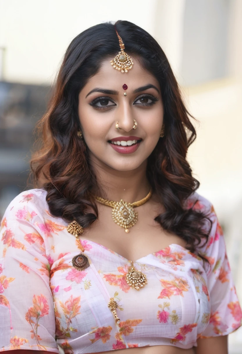 A indian girl in low hip saree, see through top, nipples slip, nose pin, tattooed body, navel piercing, nipples piercing, photo realistic, detailed, high quality