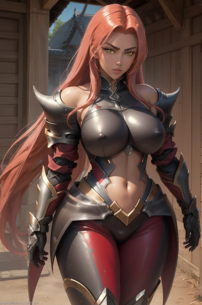 Masterpiece, detailed eyes, red hair, dark skin, Glowing yellow eyes, hkingrid, black armour, big breasts, bursting breasts, armour, guantlets, shoulder armour, gbfBK