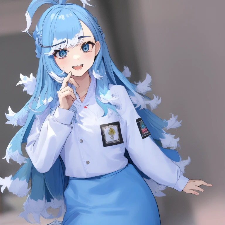 (masterpiece, best quality),  intricate details, 
1girl,   Kobo, Multicolored hair, Aqua eyes,  light blue hair, white hair tips, 
small breasts, smiling, opened mouth, wear white uniform, long Sleeve shirt, light blue color skirt, classroom background, Indonesian highschool uniform