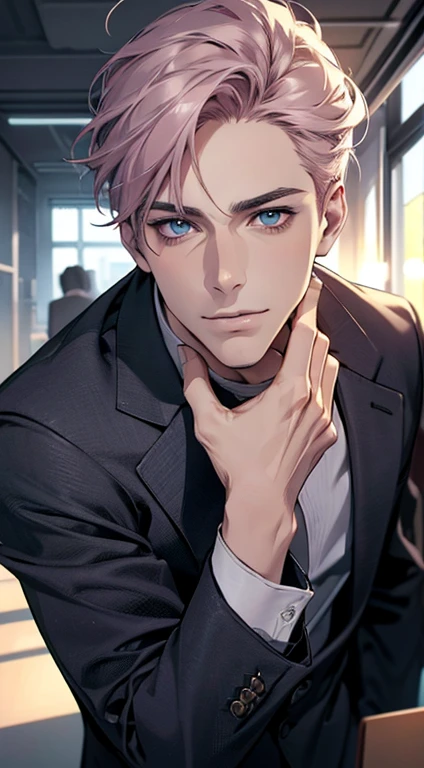 (best quality,4k,8k,highres,masterpiece:1.2),ultra-detailed,(realistic,photorealistic,photo-realistic:1.37),1 man,31 years old,mature man,very handsome,without expression,smile,short grey pink hair,blue eyes,penetrating gaze,perfect face without errors,imposing posture,businessman,office background,cinematic lighting,hdr image