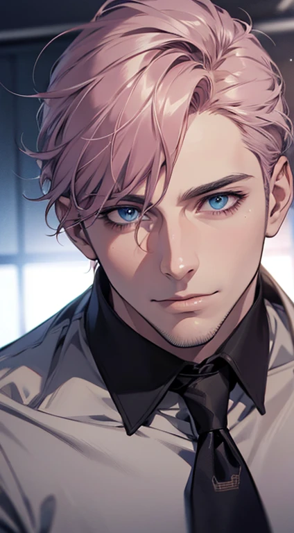 (best quality,4k,8k,highres,masterpiece:1.2),ultra-detailed,(realistic,photorealistic,photo-realistic:1.37),1 man,31 years old,mature man,very handsome,without expression,smile,short grey pink hair,blue eyes,penetrating gaze,perfect face without errors,imposing posture,businessman,office background,cinematic lighting,hdr image