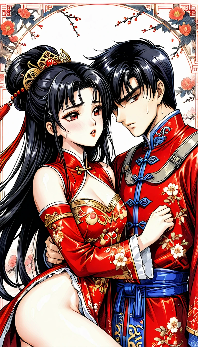 A tragic historical drama in 8k live-action style: Beautiful palace secrets　Beautiful Chinese Kung Fu Princess with long black hair has very intense ??? with old Emperor　Gorgeous embroidery, Ultra glossy, She is wearing a shiny red top and bottom long sleeve floral pajama kung fu suit....　　She is deep kissed