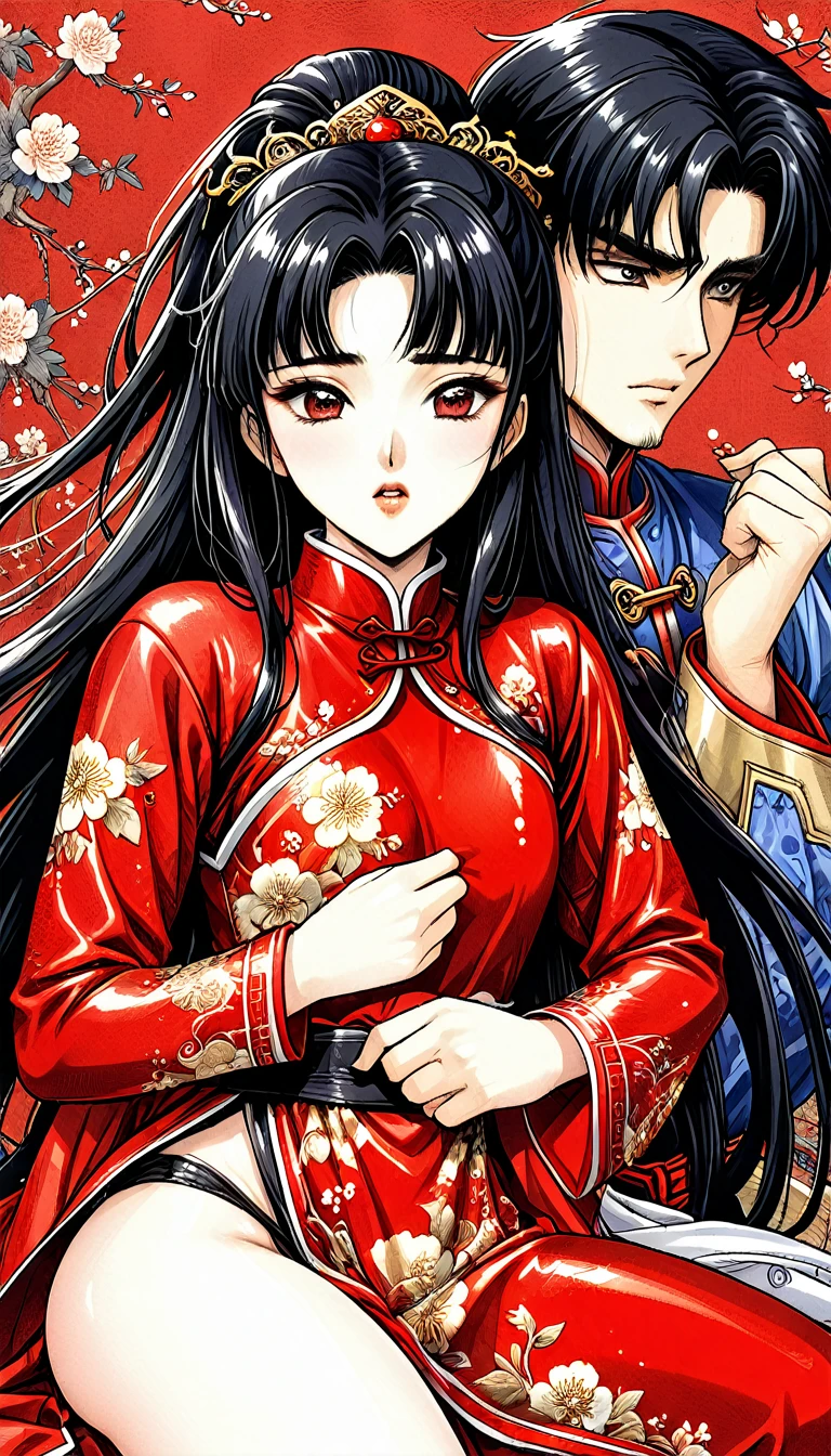 A tragic historical drama in 8k live-action style: Beautiful palace secrets Beautiful Chinese Kung Fu Princess with long black hair has very intense sex with old Emperor Gorgeous embroidery, Ultra glossy, She is wearing a shiny red top and bottom long sleeve floral pajama kung fu suit.... She is deep kissed