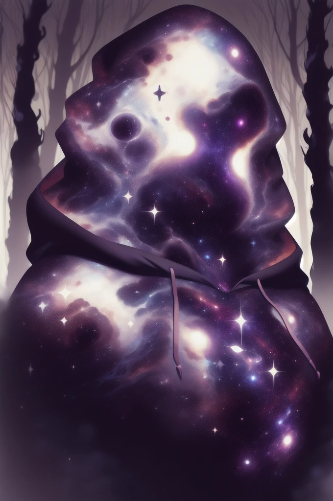 dark celestialskin body , void cosmic body, colored skin, flat color, jet black skin, white cloak, hood on, silhouette,1boy,
portrait, upper body,in a forest ,